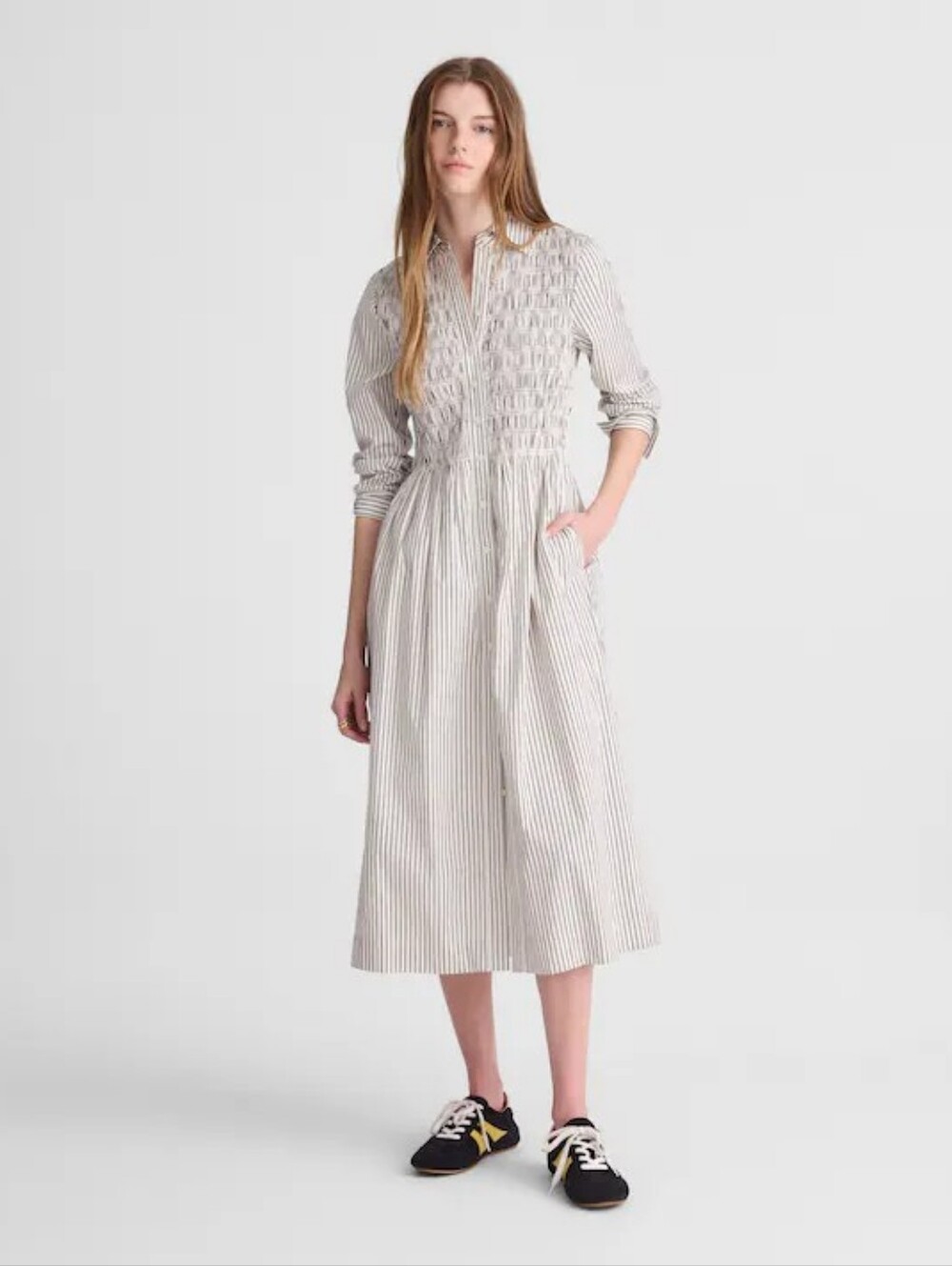 Madewell Smocked Poplin Midi Shirt Dress Striped Cotton Pockets Size S